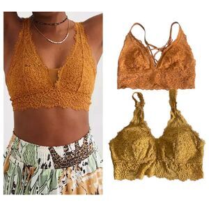 Aerie Set Of Two Lace Plunge Bralettes Size Small Orange Gold